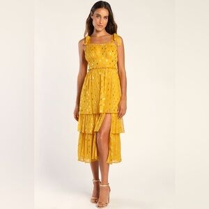 Lulus Celebration Chic Yellow Polka Dot Tie-Strap Tiered Maxi Dress